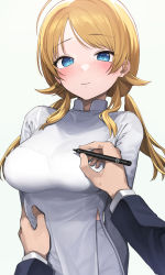 Rule 34 | 1boy, 1girl, ahoge, arms behind back, blonde hair, blue eyes, blush, breasts, commentary request, dress, embarrassed, hachimiya meguru, highres, holding, holding pen, idolmaster, idolmaster shiny colors, large breasts, long sleeves, looking at viewer, pants, parted bangs, pen, pov, signalviolet, simple background, torso grab, twintails, upper body, vietnamese dress, wavy mouth, white background, white dress, white pants