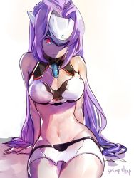 Rule 34 | 1girl, android, bad id, bad twitter id, bare shoulders, breasts, cyborg, expressionless, forehead protector, gloves, highres, kos-mos, kos-mos re:, long hair, looking at viewer, medium breasts, navel, nintendo, purple hair, red eyes, shrimqsleeq, simple background, sitting, solo, swimsuit, very long hair, white background, xenoblade chronicles (series), xenoblade chronicles 2, xenoblade chronicles (series), xenoblade chronicles 2, xenosaga