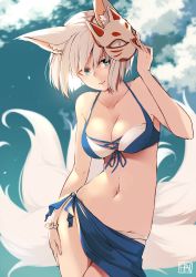 Rule 34 | 1girl, a:n (angrynum), animal ear fluff, animal ears, azur lane, bare shoulders, bikini, blue eyes, blue sarong, blue sky, blush, breasts, cleavage, closed mouth, cloud, collarbone, cowboy shot, day, fox ears, fox mask, fox tail, groin, hand on own thigh, hand up, head tilt, kaga (azur lane), kaga (everlasting killing stone) (azur lane), large breasts, looking at viewer, mask, navel, outdoors, sarong, short hair, sidelocks, signature, skindentation, sky, smile, solo, stomach, swimsuit, tail, white bikini