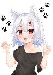 Rule 34 | 1girl, :3, :d, absurdres, animal ear fluff, animal ears, black shirt, claw pose, fang, hair ornament, hairclip, highres, off shoulder, open mouth, original, paw print, paw print background, sakuma hiragi, shirt, short hair, short sleeves, simple background, smile, solo, v-shaped eyebrows, white background, white hair
