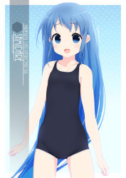 Rule 34 | 1girl, artist name, black one-piece swimsuit, blue background, blue eyes, blue hair, character name, commentary request, cowboy shot, flat chest, gradient background, gradient hair, highres, inaba shiki, kantai collection, long hair, looking at viewer, multicolored hair, new school swimsuit, one-hour drawing challenge, one-piece swimsuit, samidare (kancolle), school swimsuit, solo, standing, swept bangs, swimsuit, very long hair