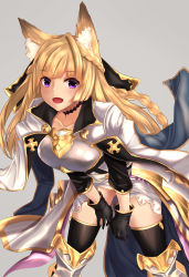 Rule 34 | 10s, 1girl, absurdres, animal ears, armor, black gloves, black thighhighs, blonde hair, blush, braid, breastplate, erune, gloves, granblue fantasy, highres, leaning forward, long hair, looking at viewer, open mouth, purple eyes, solo, thighhighs, thighs, very long hair, wosero, yuisis (granblue fantasy)