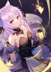 Rule 34 | 1girl, bare shoulders, braid, breasts, cleavage, collarbone, commentary request, detached sleeves, dress, formal, from above, genshin impact, hair between eyes, hair ornament, hair ribbon, highres, keqing (genshin impact), keqing (opulent splendor) (genshin impact), koomoi, long hair, looking at viewer, looking up, purple eyes, purple hair, ribbon, sidelocks, single braid, solo, strapless, strapless dress, twintails, wide sleeves