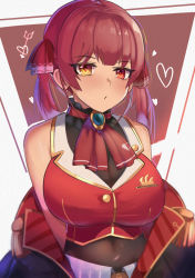 Rule 34 | 1girl, absurdres, arrow through heart, ascot, belt, black jacket, breasts, brooch, brown belt, brown leotard, cleavage, commentary, covered navel, cropped jacket, english commentary, hair ornament, hair ribbon, heart, heterochromia, highres, hololive, houshou marine, iog626, jacket, jewelry, large breasts, leotard, leotard under clothes, looking at viewer, navel, off shoulder, red ascot, red eyes, red hair, red jacket, red ribbon, ribbon, see-through, see-through cleavage, sleeveless, sleeveless jacket, twintails, virtual youtuber, yellow eyes