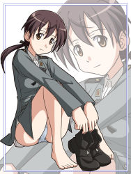 Rule 34 | 1girl, barefoot, bottomless, brown eyes, brown hair, feet, female focus, gertrud barkhorn, hair ribbon, holding, jacket, lielos, long hair, military, military uniform, panties, pantyshot, ribbon, shoes, sitting, smile, solo, strike witches, twintails, underwear, uniform, white panties, world witches series, zoom layer