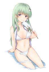 Rule 34 | 1girl, arm support, bare arms, bare shoulders, bikini, blue eyes, blush, breasts, collarbone, commentary request, frog hair ornament, green hair, hair ornament, hair tubes, highres, holding, kochiya sanae, long hair, looking at viewer, medium breasts, miyo (ranthath), navel, open clothes, open shirt, shirt, sidelocks, simple background, sitting, sleeveless, sleeveless shirt, snake, soaking feet, solo, stomach, swimsuit, thighs, touhou, water, white background, white bikini, white shirt, white snake
