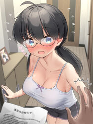 Rule 34 | 1boy, 1girl, ^^^, ahoge, armpit crease, black hair, blue eyes, blush, breasts, camisole, cleavage, collarbone, commentary request, cowboy shot, crotch outline, d:, dolphin shorts, doorway, entrance, flying sweatdrops, glasses, groin outline, highres, kuromasu, large breasts, long hair, low twintails, open mouth, oppai loli, original, picture frame, pov, pov doorway, pov hands, shorts, standing, sweatdrop, translation request, twintails, wavy mouth, wooden floor