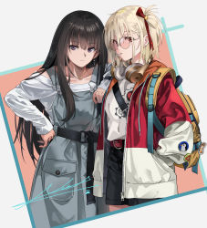 Rule 34 | 2girls, angry, backpack, bag, black hair, black shorts, blonde hair, blue overalls, border, casual, hair ornament, headphones, headphones around neck, highres, inoue takina, jacket, long hair, looking at viewer, lycoris recoil, multicolored clothes, multicolored jacket, multiple girls, neko (yanshoujie), nishikigi chisato, overalls, shirt, short hair, shorts, signature, star (symbol), two-tone jacket, white border, white shirt