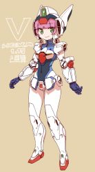 Rule 34 | 1girl, bodysuit, character name, covered navel, gluteal fold, green eyes, gundam, helmet, highres, humanization, looking at viewer, michi kuso, open hand, pink hair, smile, solo, standing, victory gundam, victory gundam hexa, white bodysuit