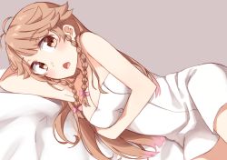Rule 34 | 1girl, antenna hair, bad id, bad pixiv id, bare shoulders, bed sheet, blush, bow, braid, breasts, brown background, brown eyes, brown hair, cleavage, hair bow, high school fleet, highres, kapatarou, light brown hair, long hair, looking at viewer, lying, medium breasts, naked towel, nosa kouko, on side, open mouth, pink bow, solo, towel, twin braids