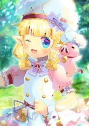 Rule 34 | 1girl, ;d, animal, bell, blonde hair, blue eyes, blurry, blurry background, blush, bow, character request, chef hat, commentary request, depth of field, dress, hat, iris mysteria!, kou hiyoyo, looking at viewer, neck bell, one eye closed, open mouth, pig, pink dress, pointy ears, puffy short sleeves, puffy sleeves, purple bow, red bow, short sleeves, smile, solo, sparkle, tail, tail bow, tail ornament, teeth, thick eyebrows, upper teeth only, white hat, wrist cuffs