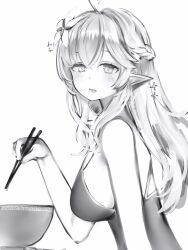 Rule 34 | 1girl, absurdres, ahoge, bare arms, bare shoulders, bowl, braid, breasts, chopsticks, crown braid, flower, from side, greyscale, hair between eyes, hair flower, hair ornament, highres, hololive, large breasts, light blush, long hair, looking at viewer, monochrome, nanashi (nlo), one-piece swimsuit, pointy ears, simple background, solo, swimsuit, virtual youtuber, yukihana lamy