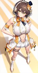 Rule 34 | 1girl, ahoge, arm strap, azur lane, baltimore (azur lane), baltimore (muse) (azur lane), boots, bow, braid, brown hair, buckle, center frills, clothing cutout, covered erect nipples, french braid, frills, from above, gloves, half gloves, hands on own hips, hat, headset, heart, heart-shaped buckle, idol, lambda (kusowarota), mini hat, miniskirt, navel cutout, orange bow, pleated skirt, shirt, short hair, skirt, taut clothes, white shirt, yellow eyes