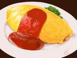 Rule 34 | brown background, food, food focus, izumi keika, ketchup, no humans, omelet, omurice, original, plate, realistic, signature, simple background, spinach