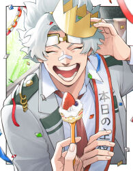 Rule 34 | 1boy, bandaid, bandaid on face, bandaid on nose, boku no hero academia, border, cake, closed eyes, collared shirt, confetti, crown, facing viewer, fingernails, food, fork, fruit, goggles, goggles on head, grey jacket, highres, holding, holding fork, jacket, loud cloud, male focus, mini crown, necktie, open mouth, red necktie, rnuyvm, sash, school uniform, shirt, short hair, solo focus, strawberry, teeth, translation request, u.a. school uniform, white border, white hair, white shirt