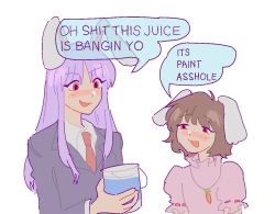 Rule 34 | 2girls, 4chan, animal ears, black jacket, blazer, brown hair, carrot necklace, collared shirt, commentary, dress, english commentary, english text, floppy ears, inaba tewi, jacket, jewelry, looking at another, lottaiuv92, meme, multiple girls, necklace, necktie, oh shit this juice is bangin yo (meme), open mouth, paint can, pink dress, profanity, purple hair, rabbit ears, rabbit girl, red eyes, red necktie, reisen udongein inaba, ribbon-trimmed sleeves, ribbon trim, shirt, short hair, simple background, smile, touhou, upper body, white background, white shirt