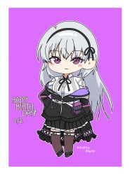 Rule 34 | 1girl, amatsu marei, arm at side, assault lily, belt, belt buckle, belt pouch, black footwear, black hairband, black jacket, black ribbon, black skirt, blush, bow hairband, brown thighhighs, buckle, character name, chibi, closed mouth, collared shirt, commentary, drawstring, full body, grey hair, hair ribbon, hairband, hand on own hip, happy birthday, highres, jacket, long hair, long sleeves, looking at viewer, miniskirt, neck ribbon, off shoulder, partially unzipped, pleated skirt, pouch, purple background, purple eyes, ribbon, shirt, shoes, simple background, skirt, sleeves past fingers, sleeves past wrists, smile, solo, standing, thigh belt, thigh strap, thighhighs, very long hair, waist cape, white belt, white shirt, yui (yui1115 )