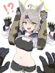 Rule 34 | !?, 1girl, ahoge, animal ears, bike shorts, blue archive, breasts, clothes lift, gloves, green eyes, grey hair, groin, halo, headset, highres, long sleeves, microphone, navel, open mouth, otogi (blue archive), restrained, robot, sailor collar, shirt, shirt lift, short hair, simple background, small breasts, solo, sports bra, sweatdrop, tail, uni gyoza, white background, white shirt