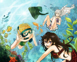 Rule 34 | 00s, 1boy, 2girls, alice (pandora hearts), bad id, bad pixiv id, barefoot, bikini, blonde hair, brown hair, diving, diving mask, fish, freediving, goggles, green eyes, long hair, multiple girls, ocean, oz vessalius, pandora hearts, purple eyes, short hair, snorkel, stingray, swimming, swimsuit, underwater, water, white hair, will of the abyss