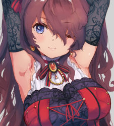Rule 34 | 10s, 1girl, ;3, armpits, blue eyes, blush, breasts, brown hair, buttons, earrings, gloves, hair ribbon, hands up, high collar, highres, ichinose shiki, idolmaster, idolmaster cinderella girls, jewelry, lace, lace-up top, lace gloves, long hair, looking at viewer, medium breasts, neck ribbon, one eye closed, revision, ribbon, simple background, smile, solo, tetsujin momoko, upper body