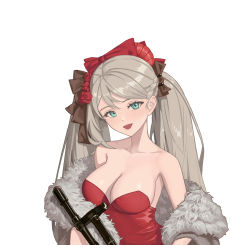 Rule 34 | 1girl, a-545 (girls&#039; frontline), assault rifle, blush, breasts, dress, fur-trimmed jacket, fur trim, girls&#039; frontline, green eyes, gun, highres, holding, jacket, long hair, looking at viewer, lyuan545531, medium breasts, open mouth, red dress, revision, rifle, simple background, smile, solo, twintails, upper body, weapon, white background