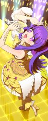 Rule 34 | 1girl, :d, bare shoulders, blunt bangs, blush, cropped shirt, from above, full body, glowstick, hanazono shuka, high heels, holding, holding microphone, idol, idol clothes, idol time pripara, long hair, looking at viewer, looking up, microphone, moudoku (decopon3rd), music, nail polish, open mouth, penlight (glowstick), ponytail, pretty series, pripara, purple eyes, purple hair, purple nails, sandals, shirt, singing, skirt, smile, solo, sparkle, standing, standing on one leg, tiara, yellow footwear, yellow shirt, yellow skirt