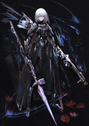Rule 34 | 1girl, :|, absurdres, armor, armored dress, black background, black coat, black dress, breastplate, closed mouth, coat, dress, dual wielding, expressionless, flower, full body, grey hair, gun, hair between eyes, highres, holding, holding gun, holding polearm, holding weapon, legs apart, long sleeves, looking at viewer, medium hair, open clothes, open coat, original, pauldrons, pelvic curtain, polearm, sabaton, shoulder armor, sidelocks, smoke trail, solo, spear, spider lily, standing, tuda6, vambraces, weapon, white eyes