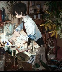 Rule 34 | 1boy, analog clock, bad id, bad twitter id, balance scale, beaker, black eyes, black hair, black necktie, black pants, blouse, book, bookmark, bookshelf, bug, butterfly, candle, candlelight, candlestand, chair, chemistry set, clock, coffee, collared shirt, cup, dragon, dress shirt, erlenmeyer flask, feathers, flask, flower, globe, highres, holding, hourglass, indoors, inkwell, insect, jar, lily (flower), long sleeves, looking away, looking down, magnifying glass, male focus, mortar (bowl), necktie, note, open book, original, pants, paper, pen, pestle, plant, quill, scissors, shirt, sitting, solo, studying, table, teacup, test tube, uzume (uzume e), weighing scale, white shirt