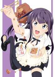 Rule 34 | 1girl, apron, black thighhighs, blunt bangs, blush, chopsticks, daisy (working!!), food, highres, loafers, long hair, nattou, open mouth, pocho, purple eyes, purple hair, shoe dangle, shoes, simple background, skirt, smile, solo, striped, striped background, stuffed animal, stuffed toy, teddy bear, thighhighs, tsurime, waitress, working!!, yamada aoi, zettai ryouiki