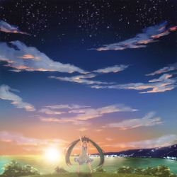 Rule 34 | 1girl, ahoge, arm up, cloud, dress, green hair, hatsune miku, highres, long hair, looking at viewer, night, night sky, ocean, open mouth, outstretched arm, pigeon-toed, revision, sky, smile, solo, star (sky), starry sky, sunset, tanashi (mk2), twilight, twintails, very long hair, vocaloid, waving
