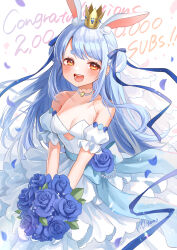 Rule 34 | 1girl, :d, absurdres, alternate costume, animal ear fluff, animal ears, bare shoulders, bead choker, blue flower, blue hair, blue ribbon, blue rose, blue sash, bouquet, breasts, bridal veil, bride, cleavage, collarbone, commentary request, confetti, congratulations, cowboy shot, crown, detached sleeves, double bun, dress, english text, flower, frilled dress, frilled sleeves, frills, hair bun, hair ribbon, happy, highres, hikimayu, holding, holding bouquet, hololive, layered dress, leaf, long hair, looking at viewer, mini crown, miyamo (fumifumi no ura), open mouth, orange eyes, puffy short sleeves, puffy sleeves, rabbit ears, ribbon, rose, sash, short sleeves, signature, simple background, smile, solo, sparkle, standing, strapless, strapless dress, usada pekora, v arms, veil, virtual youtuber, waist sash, wedding dress, white background, white dress, white veil