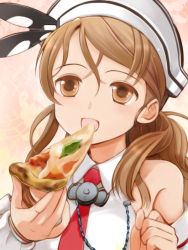 Rule 34 | 10s, 1girl, brown eyes, brown hair, chain, food, hat, kantai collection, littorio (kancolle), long hair, necktie, pizza, pizza slice, ponytail, primary stage, smile, solo