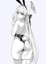 Rule 34 | 1girl, animal ears, asanagi, ass, bare back, bare shoulders, blue archive, braid, commentary request, double v, fake animal ears, fake tail, from behind, grey background, greyscale, halo, highres, leotard, long hair, looking at viewer, looking back, monochrome, official alternate costume, playboy bunny, rabbit ears, rabbit tail, solo, tail, thighhighs, toki (blue archive), toki (bunny) (blue archive), v, very long hair
