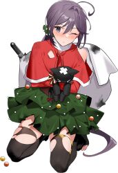 Rule 34 | 1girl, akebono (kancolle), capelet, christmas, doll, drew (drew213g), full body, hat, kantai collection, long hair, looking at viewer, official art, one eye closed, sack, seiza, side ponytail, sitting, skate, solo, stuffed animal, stuffed cat, stuffed toy, thighhighs, transparent background, very long hair