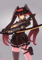 Rule 34 | 1girl, absurdres, black dress, black hair, chin guard, dangle earrings, dress, earrings, fake horns, gradient hair, hair between eyes, hair ornament, highres, holding, holding sword, holding weapon, horns, jewelry, joints, kameneko, katana, lucia: dawn (punishing: gray raven), lucia (punishing: gray raven), mechanical arms, mechanical parts, multicolored hair, pouch, punishing: gray raven, red eyes, red hair, robot joints, sidelocks, sleeveless, sleeveless dress, solo, streaked hair, sword, thigh pouch, twintails, weapon, x hair ornament