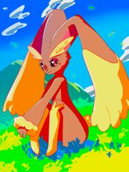 1girl akubuu_(rkzp3544) animal_nose black_sclera blue_sky body_fur brown_fur closed_mouth cloud colored_sclera creatures_(company) day female_focus flat_chest full_body furry furry_female game_freak gen_4_pokemon grass happy knees_together_feet_apart knees_up long_ears looking_at_viewer lopunny nintendo on_ground outdoors pokemon pokemon_(creature) rabbit_ears rabbit_girl rabbit_tail red_eyes short_tail sitting sky smile solo tail two-tone_fur yellow_fur