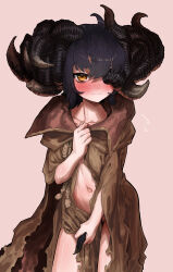Rule 34 | 1girl, absurdres, black hair, blush, borrowed clothes, cape, covering breasts, covering privates, ekrea jan, elden ring, genderswap, genderswap (mtf), highres, horns, mohg lord of blood, multiple horns, naked cape, navel, simple background, solo, yellow eyes
