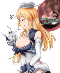 Rule 34 | 2girls, :p, breasts, cleavage, closed eyes, fairy (kancolle), female focus, inside creature, iowa (kancolle), kantai collection, mini person, minigirl, multiple girls, nekosu (nfxgs227), open mouth, profile, size difference, smile, tongue, tongue out, vore