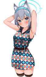 Rule 34 | 1girl, :o, absurdres, alternate costume, animal ears, armpits, arms behind head, arms up, bare shoulders, belt, blue archive, blue hairband, blush, brown thighhighs, cat ears, cowboy shot, cropped legs, cross hair ornament, dress, hair ornament, hairband, halo, highres, looking at viewer, mismatched pupils, parted lips, patterned clothing, rindou ringdong, shiroko (blue archive), short hair, silver hair, sleeveless, sleeveless dress, solo, thighhighs, unmoving pattern, zettai ryouiki