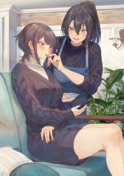 Rule 34 | 2girls, apron, black hair, blue eyes, brown hair, cellphone, commentary request, cookie, couch, cushion, feeding, food, food in mouth, highres, mashuu (neko no oyashiro), multiple girls, oomikado himari, oomikado itsuki, original, phone, plant, plate, ponytail, potted plant, siblings, sisters, smartphone, sweater