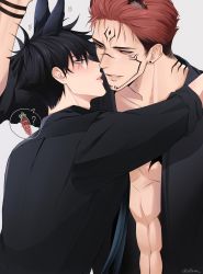 Rule 34 | 2boys, abs, animal ears, arm tattoo, black hair, black shirt, blue eyes, blush, collared shirt, extra eyes, eye contact, facial tattoo, fushiguro megumi, highres, imminent kiss, jujutsu kaisen, looking at another, male focus, multiple boys, muscular, muscular male, open clothes, open shirt, parted lips, pectorals, pink hair, rabbit ears, red eyes, ryoumen sukuna (jujutsu kaisen), shirt, short hair, sleeves rolled up, spiked hair, spoken food, tattoo, tiger ears, twitter username, undercut, yaoi, z0umu