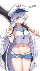 Rule 34 | 1girl, armpit crease, bare arms, blue eyes, blue shorts, breasts, chain, chukibabo2, claymore (sword), closed mouth, coat, coat on shoulders, commission, cowboy shot, crop top, crop top overhang, cross, drawstring, dungeon and fighter, epaulettes, finger gun, hat, highres, holding, holding sword, holding weapon, long hair, looking at viewer, medium breasts, micro shorts, midriff, military hat, navel, one eye closed, over shoulder, peaked cap, pointy ears, revealing clothes, sailor collar, sailor shirt, second-party source, shirt, shorts, sidelocks, sleeveless, sleeveless shirt, slit pupils, smile, solo, standing, stomach, sword, thigh gap, thighs, v-shaped eyebrows, very long hair, weapon, weapon over shoulder, white coat, white hair, white hat, white shirt