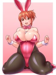 Rule 34 | 1girl, :d, bare shoulders, black pantyhose, border, bow, bowtie, breasts, brown eyes, cleavage, collarbone, detached collar, dog tags, furrowed brow, futaba channel, gluteal fold, hair between eyes, kudoi, kuma (kumahoihoi), large breasts, leotard, looking at viewer, nijiura maids, open mouth, orange hair, pantyhose, pink bow, pink bowtie, pink footwear, pink leotard, playboy bunny, ponytail, shoes, short hair, sitting, smile, solo, strapless, strapless leotard, white border, wrist cuffs