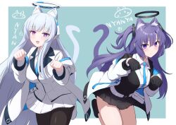 Rule 34 | 2girls, afrody, animal ears, animal print, black gloves, black pantyhose, blazer, blue archive, blue necktie, breasts, cat ears, cat print, cat tail, gloves, grey hair, halo, highres, jacket, jacket partially removed, kemonomimi mode, large breasts, looking at viewer, miniskirt, multicolored clothes, multicolored jacket, multiple girls, necktie, noa (blue archive), nyan, pantyhose, pleated skirt, purple eyes, purple hair, simple background, skirt, tail, two-tone background, two-tone jacket, yuuka (blue archive)