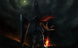 Rule 34 | 1boy, absurdres, bonfire (dark souls), cloud, cloudy sky, commentary, crossover, dark souls (series), english commentary, fantasy, fire, helmet, highres, holding, holding sword, holding weapon, night, night sky, nightmare (soulcalibur), open hand, pun, red hair, scenery, sky, solo, soul calibur, soulcalibur (weapon), sword, treeink, weapon