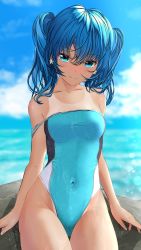 Rule 34 | 1girl, aigami kaon, blue eyes, blue hair, blue one-piece swimsuit, blue sky, breasts, clothes pull, cloud, commentary request, competition swimsuit, covered navel, cowboy shot, day, garter-velvet, highleg, highleg swimsuit, highres, horizon, long hair, medium breasts, ocean, one-piece swimsuit, one-piece swimsuit pull, one-piece tan, original, outdoors, rock, sitting, sky, solo, swimsuit, tan, tanline, twintails
