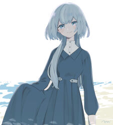 Rule 34 | 1girl, beach, blue dress, blue eyes, buttons, closed mouth, dress, grey eyes, grey hair, highres, long hair, long sleeves, looking at viewer, maco22, original, shore, short hair with long locks, simple background, skirt hold, smile, solo, unworn clothes, white background