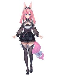 Rule 34 | 1girl, absurdres, animal ear fluff, animal ears, arms at sides, baffu, black dress, black footwear, blue eyes, bow, breasts, closed mouth, dress, full body, hanayono menora, highres, indie virtual youtuber, long hair, long sleeves, looking at viewer, mary janes, medium breasts, nail polish, pink hair, second-party source, shoes, simple background, solo, standing, tail, tail bow, tail ornament, thighhighs, twintails, virtual youtuber, white background, white bow