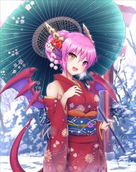Rule 34 | 1girl, :d, bare shoulders, bare tree, blush, breasts, breath, brown eyes, bush, cowboy shot, day, detached sleeves, dragon girl, dragon horns, dragon tail, dragon wings, floral print, furisode, hair between eyes, hair bobbles, hair bun, hair ornament, hand on own chest, heterochromia, highres, horns, japanese clothes, kimono, long sleeves, looking at viewer, medium breasts, obi, oil-paper umbrella, open mouth, outdoors, pink eyes, pink hair, pink wings, print kimono, puzzle &amp; dragons, red kimono, samoore, sash, short hair, single hair bun, smile, snow, snowflakes, solo, sonia (p&amp;d), spikes, standing, tail, torii, tree, umbrella, wide sleeves, wings, winter