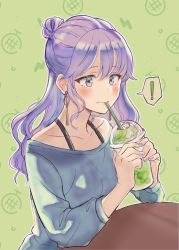 Rule 34 | !, 1girl, absurdres, alternate hairstyle, azami (etra-chan wa mita!), blouse, blue shirt, blush, collarbone, commentary request, cup, disposable cup, drink, drinking, etra-chan wa mita!, green background, hair bun, highres, holding, holding cup, holding drink, long hair, long sleeves, no eyewear, nyako (lhq3p), off-shoulder shirt, off shoulder, purple eyes, purple hair, shirt, single hair bun, solo, table, upper body